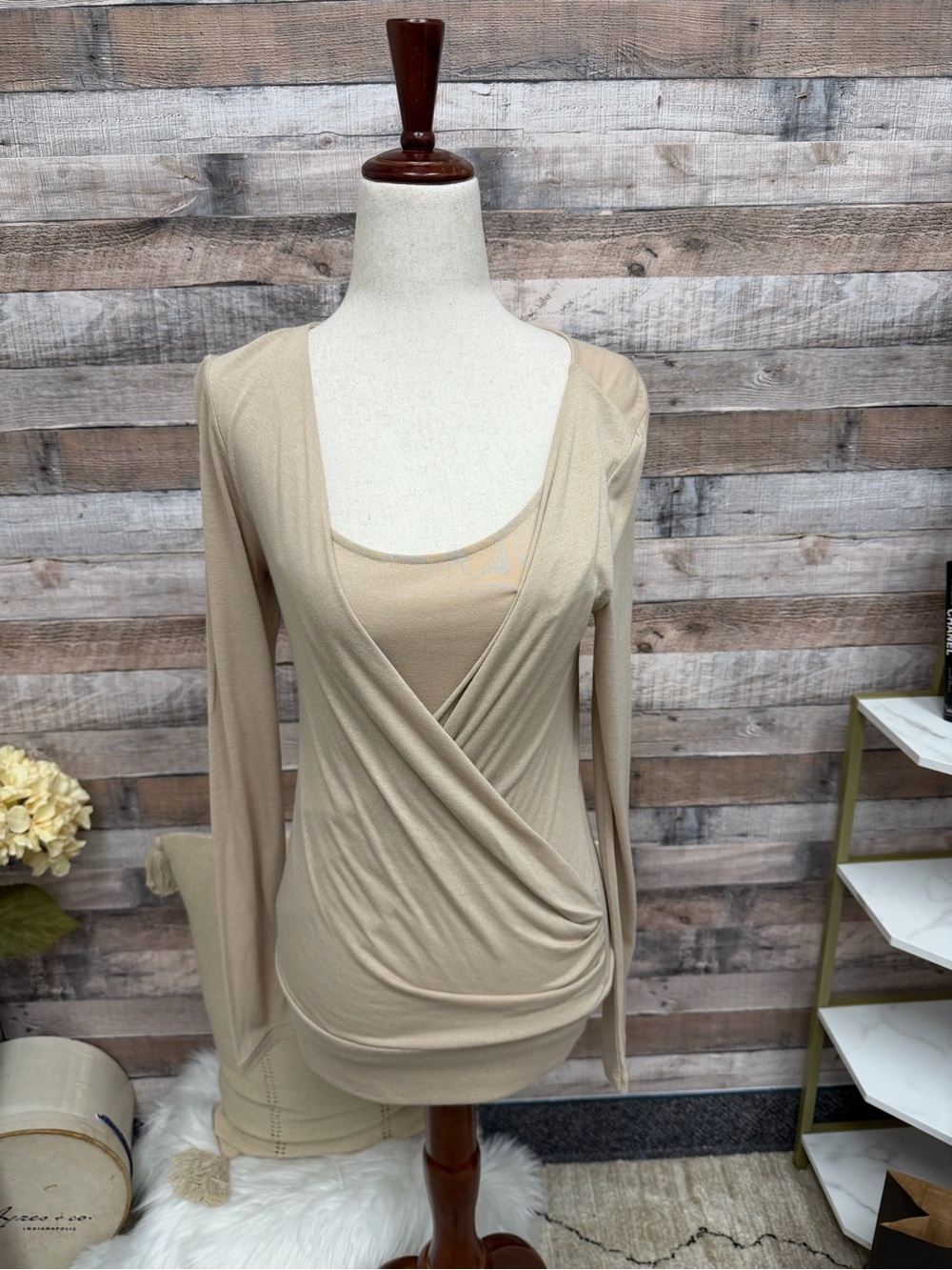 Ann Taylor Beige Faux-Layer Wrap Long Sleeve Top